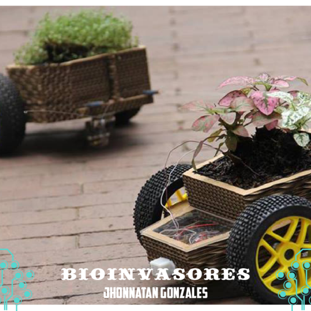 Bioinvasores - Jhonnatan González son híbridos entre la naturaleza y la tecnología, recipientes motorizados de plantas pensados para apropiarse del espacio público. Su función principal es la de interrumpir el flujo de lo cotidiano para que los espectadores puedan interactuar con ellos.